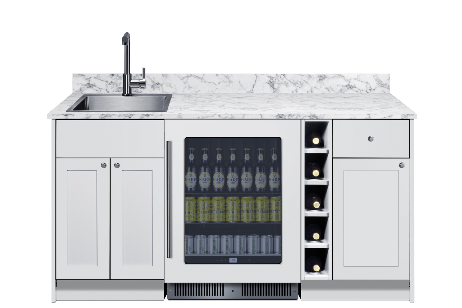 Turnkey Oasis Wet Bar featuring pre-assembled cabinetry and countertop with stainless steel sink, glass door beverage center, wine cubby, and storage cabinetry; ships in two boxes on one pallet